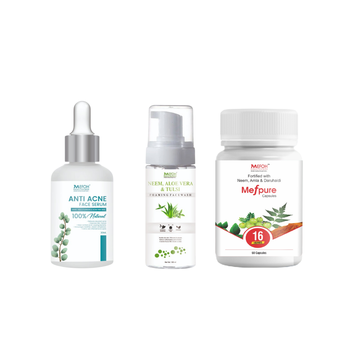 MEFOH Clear Skin Combo – Anti Acne Kit with Face Serum, Mefpure Capsules & Herbal Foaming Face Wash