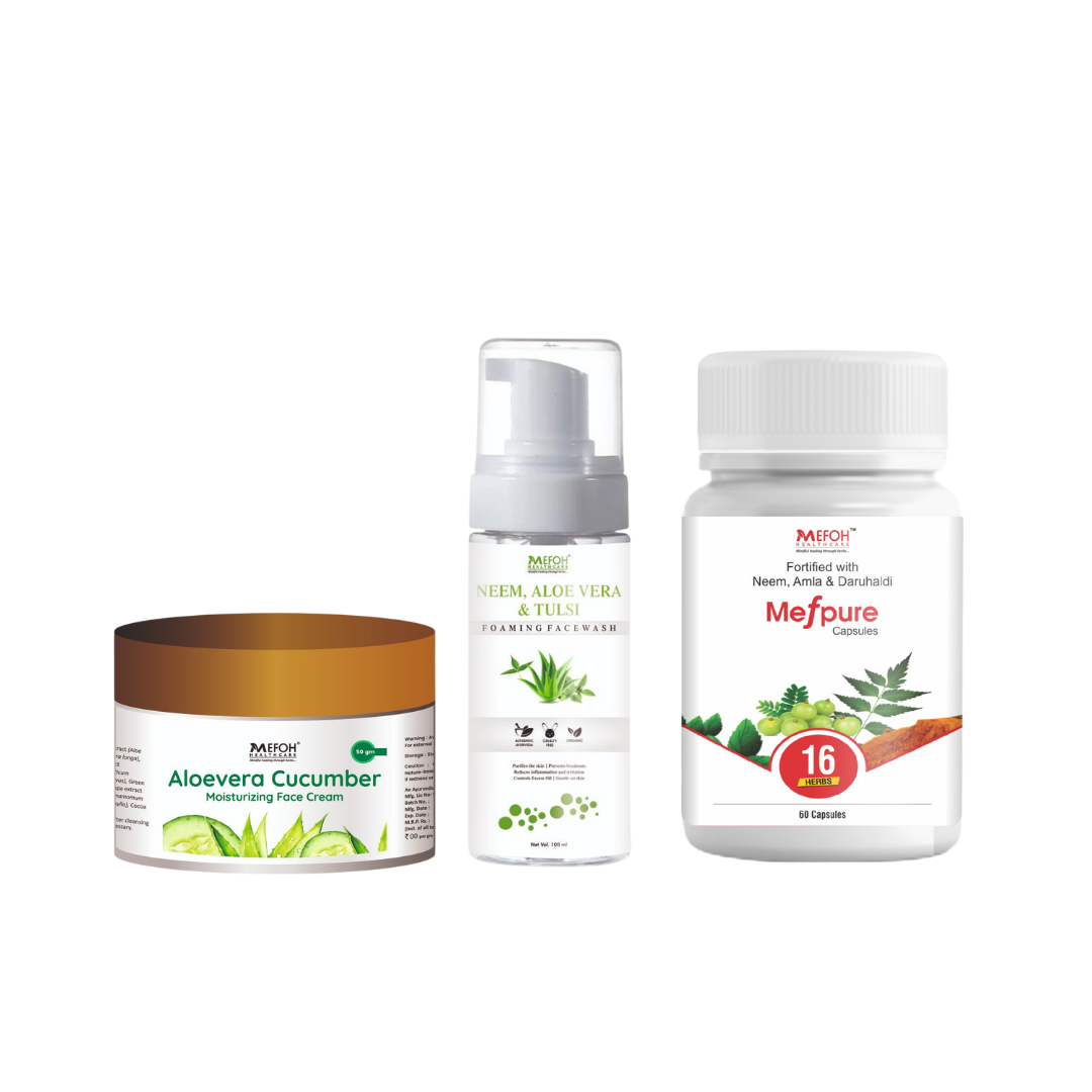 MEFOH Clear Skin Combo – Herbal Anti Acne Kit with Aloe Vera Cucumber Face Cream, Mefpure Capsules & Foaming Face Wash