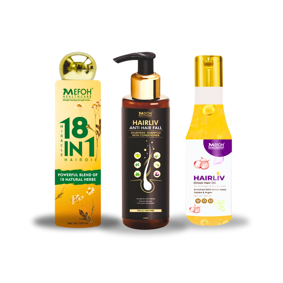 MEFOH HairLiv Capsule, 18-in-1 Ayurvedic Hair Oil & Anti-Hairfall Shampoo | Complete Hair Care Combo Kit | Reduces Hair Fall, Strengthens Roots & Boosts Growth – Pack of 3