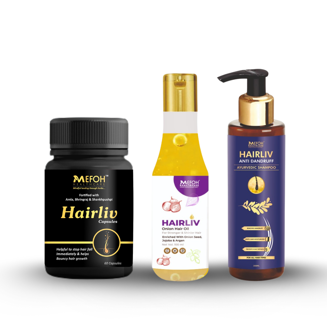 MEFOH HairLiv Hair Care Combo | HairLiv Capsules + Ayurvedic Hair Oil + Anti-Dandruff Shampoo | Fights Hair Fall, Dandruff & Boosts Growth – Complete 3-in-1 Kit