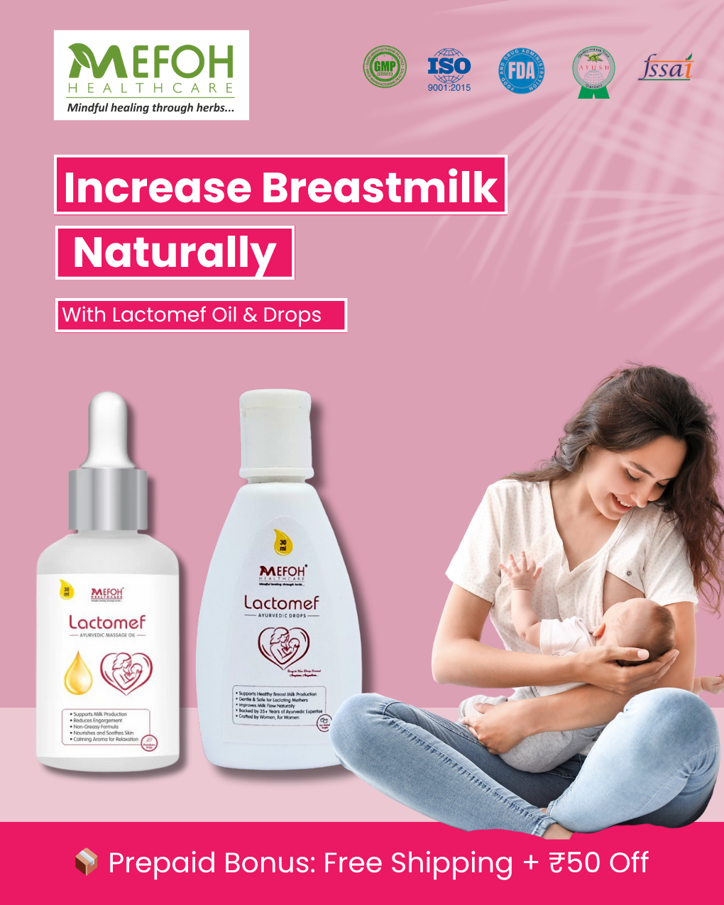 MEFOH Lactomef Lactation Support Combo | Lactomef Drops + Massage Oil | Enhances Milk Flow, Eases Discomfort & Promotes Postnatal Wellness – 30ml + 30ml