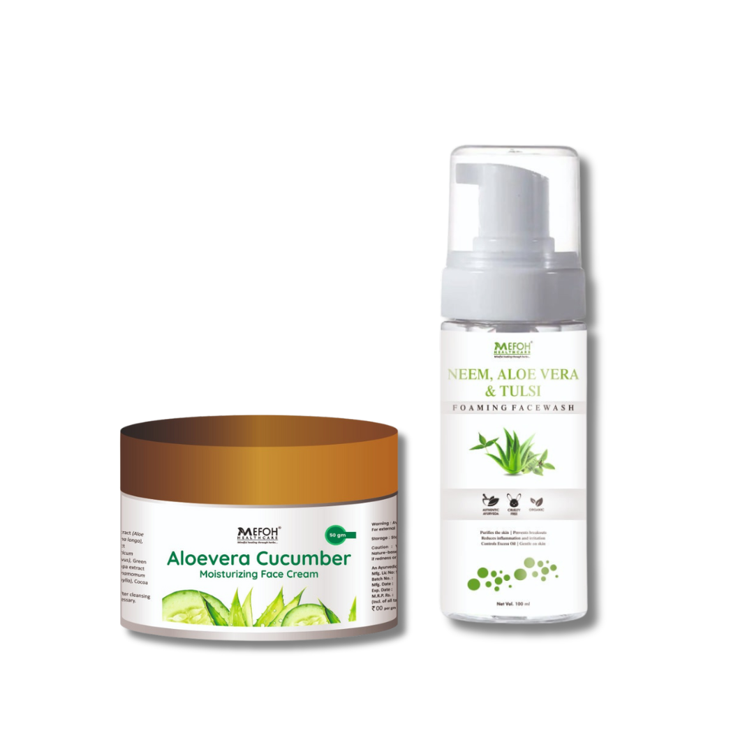 MEFOH Herbal Skincare Combo Kit | Aloe Vera Cucumber Face Cream & Neem Aloe Vera Tulsi Foaming Face Wash | Complete Daily Skin Care – 2-in-1 Pack