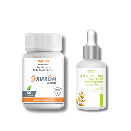 MEFOH Oxiprom Capsules & Anti-Aging Serum Combo Kit | Boosts Immunity, Fights Free Radicals & Reduces Signs of Aging – Ayurvedic Wellness + Skincare Pack