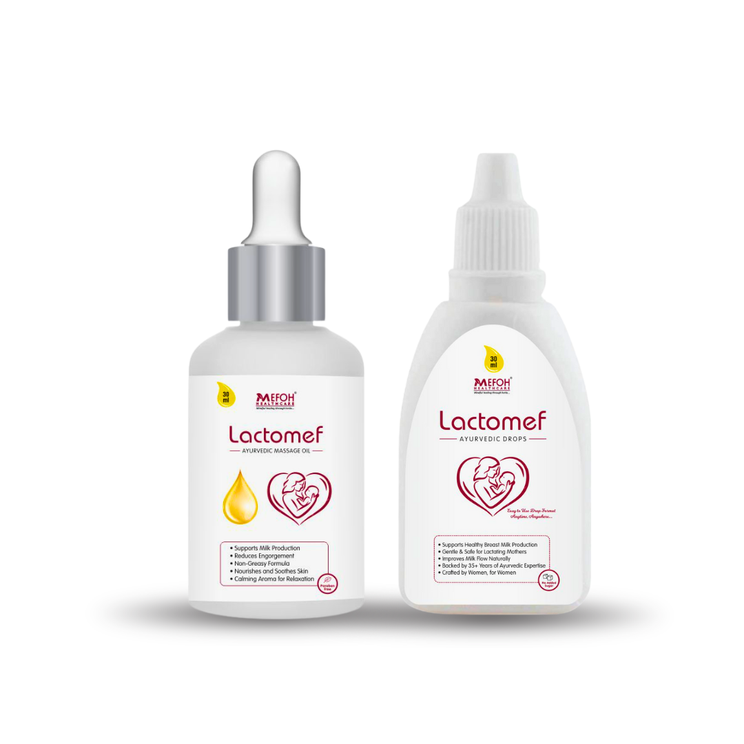 MEFOH Lactomef Lactation Support Combo | Lactomef Drops + Massage Oil | Enhances Milk Flow, Eases Discomfort & Promotes Postnatal Wellness – 30ml + 30ml