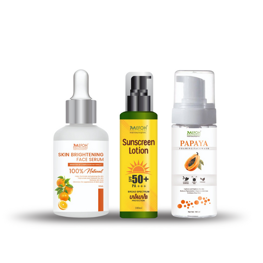 MEFOH Sun Protection & Glow Combo – SPF 50 Sunscreen + Papaya Face Wash + Brightening Serum