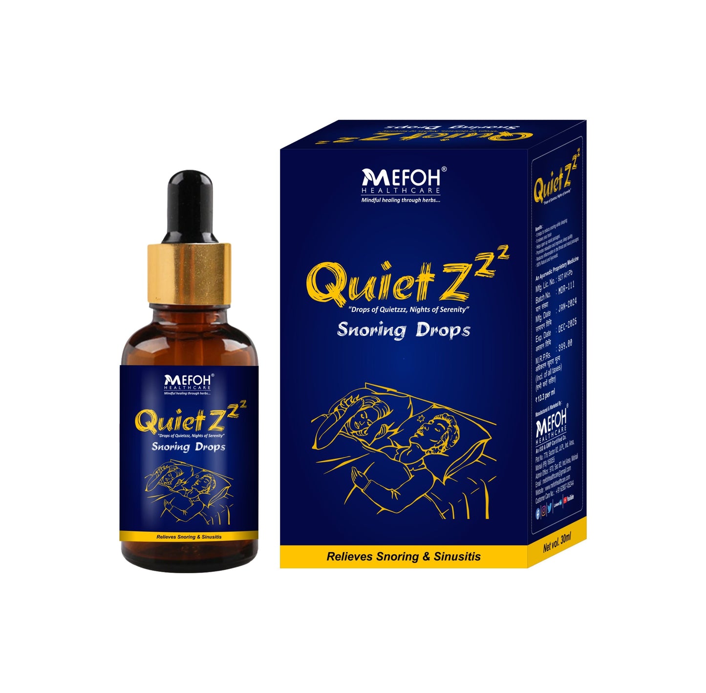 MEFOH Quite-Z Snoring Relief Drops – 100% Natural & Ayurvedic | Opens Airways & Promotes Peaceful Sleep